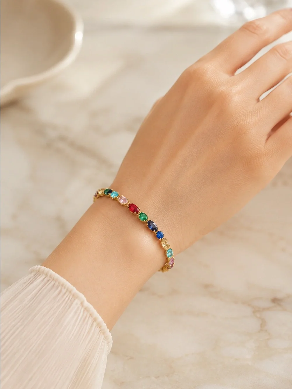 18K Gold Filled Multicolor Cubic Zirconia Open Cuff Bracelet